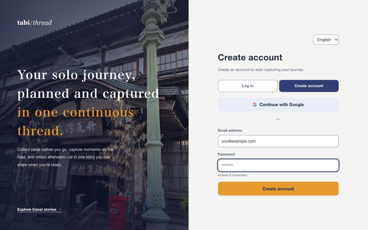 English account registration screen with email and password fields and a Continue with Google button