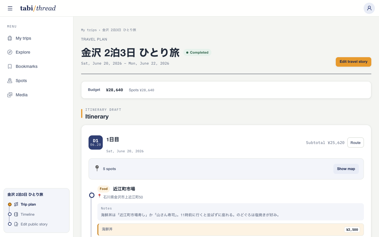 English planning screen for a three-day solo trip, with a budget and itinerary arranged by day