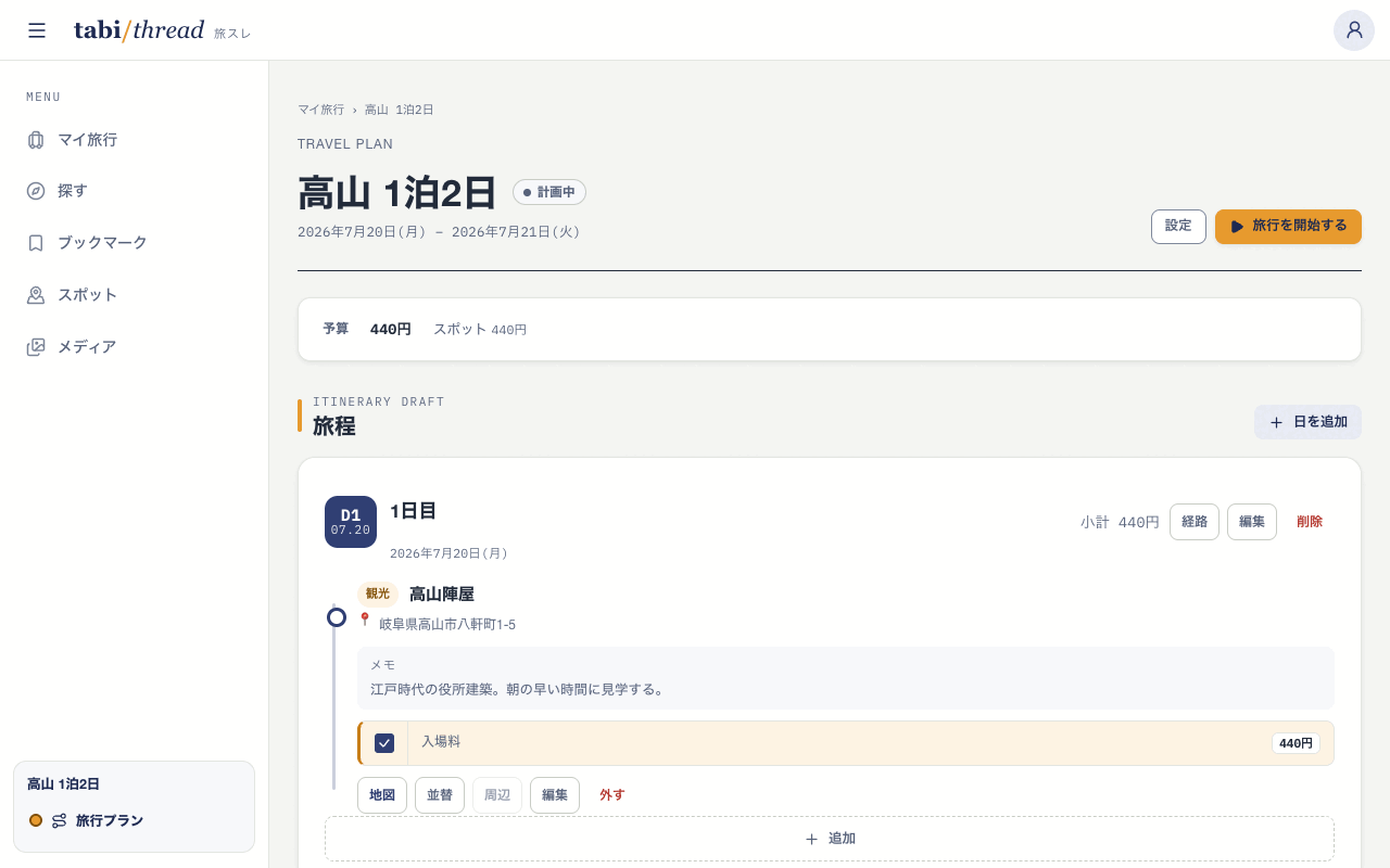 「高山 1泊2日」の計画画面。ヘッダーに「旅行を開始する」ボタン、予算440円、1日目の旅程に高山陣屋が並んでいる